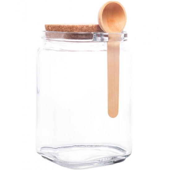 Pote 650ml Quadrado De Vidro Com Tampa De Rolha E Colher De Bambu